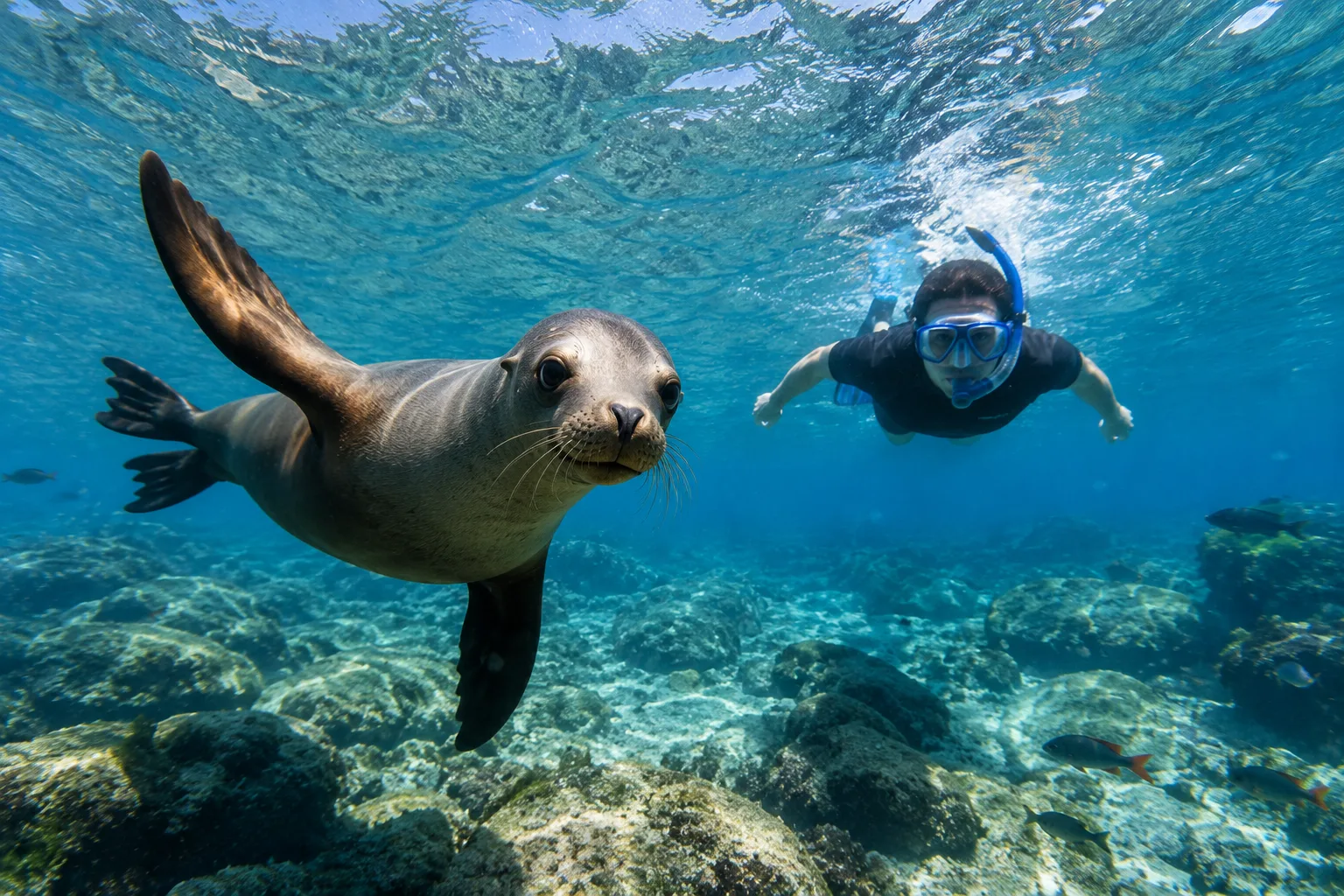Snorkel con lobos marinos en Galápagos — actividad incluida en tour AQT Ecuador